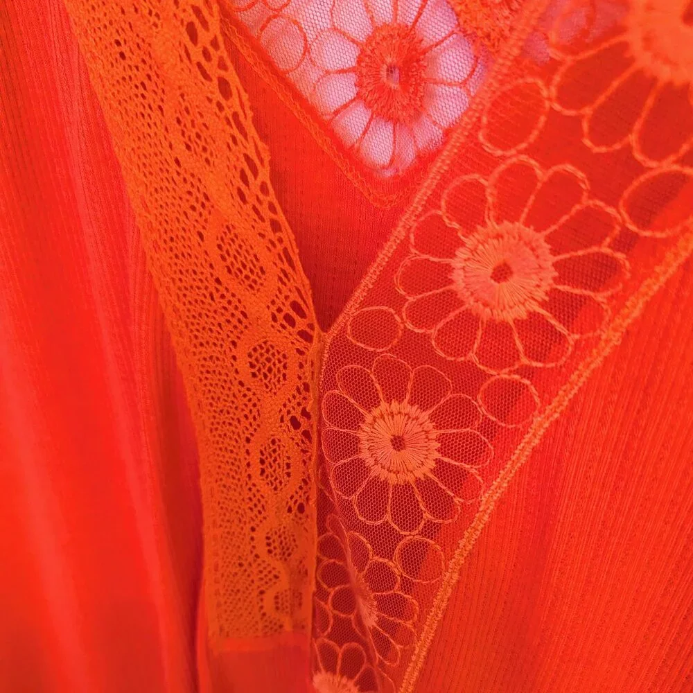Free People | Oversized Lola Lace Long Sleeve Top in Rose Crimson | Size XS